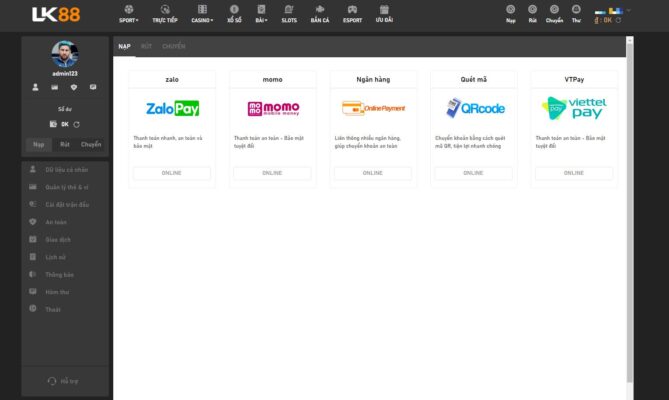 Chi tiết cách nạp tiền tại Nhà cái LK88