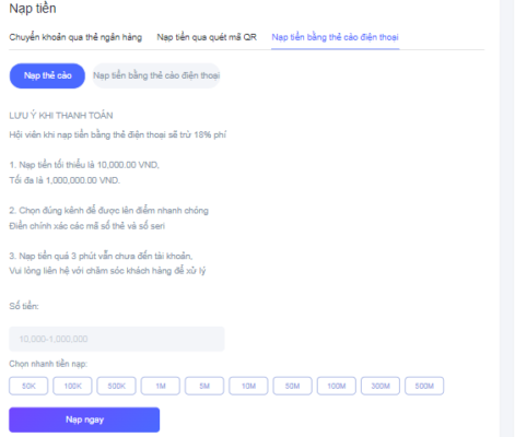 Chọn phương thức nạp tiền qua các thẻ cào điện thoại 
